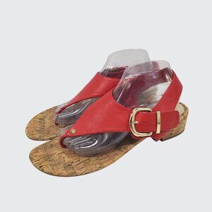 Pesaro Red Faux Leather Peep Toe Sandals With Cork Sole & Gold Buckle Size 11M